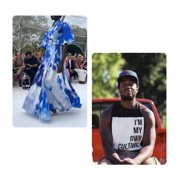 2 pins, black model walking runway, black man sitting on truck