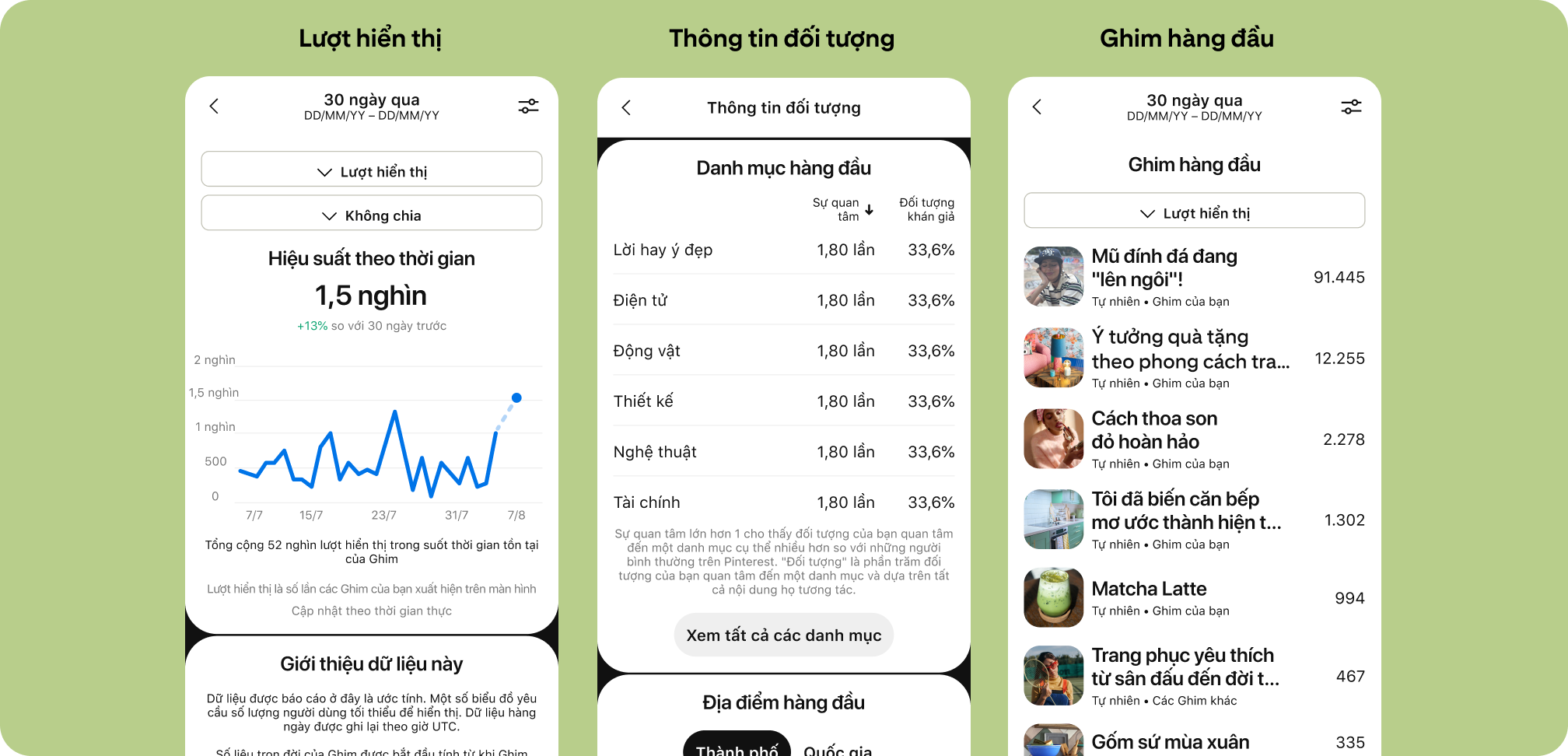 Giao diện Pinterest hiển thị 3 bảng điều khiển phân tích: Lượt hiển thị, Thông tin đối tượng và Ghim nổi bật nhất.
