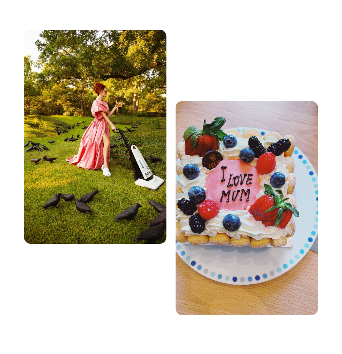 Two pins, woman in gown holding vacuum and cocktail, mother's day cake