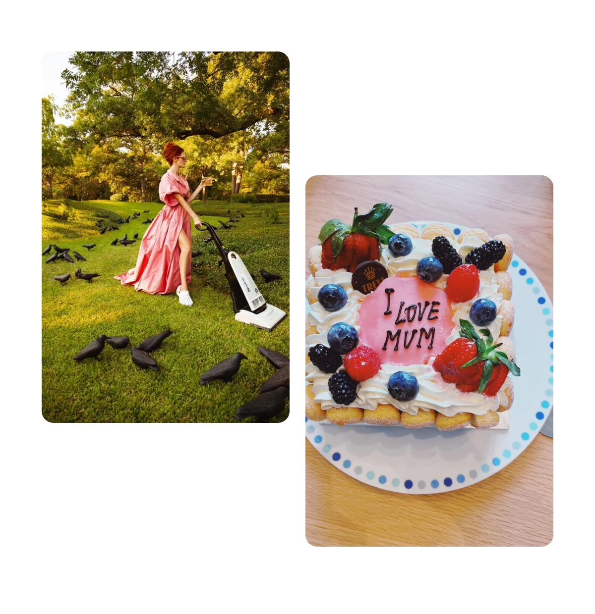 Two pins, woman in gown holding vacuum and cocktail, mother's day cake