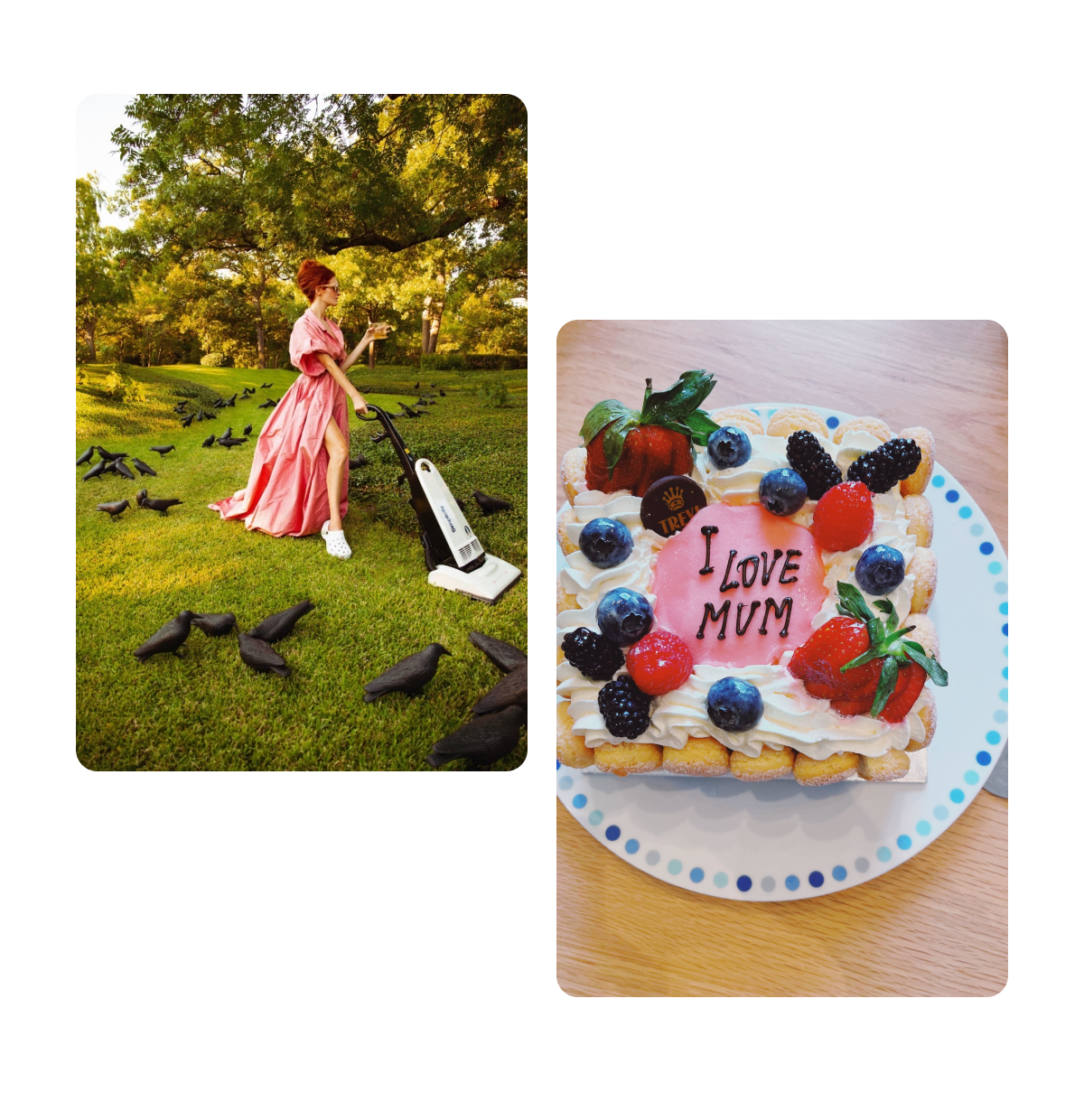 Two pins, woman in gown holding vacuum and cocktail, mother's day cake