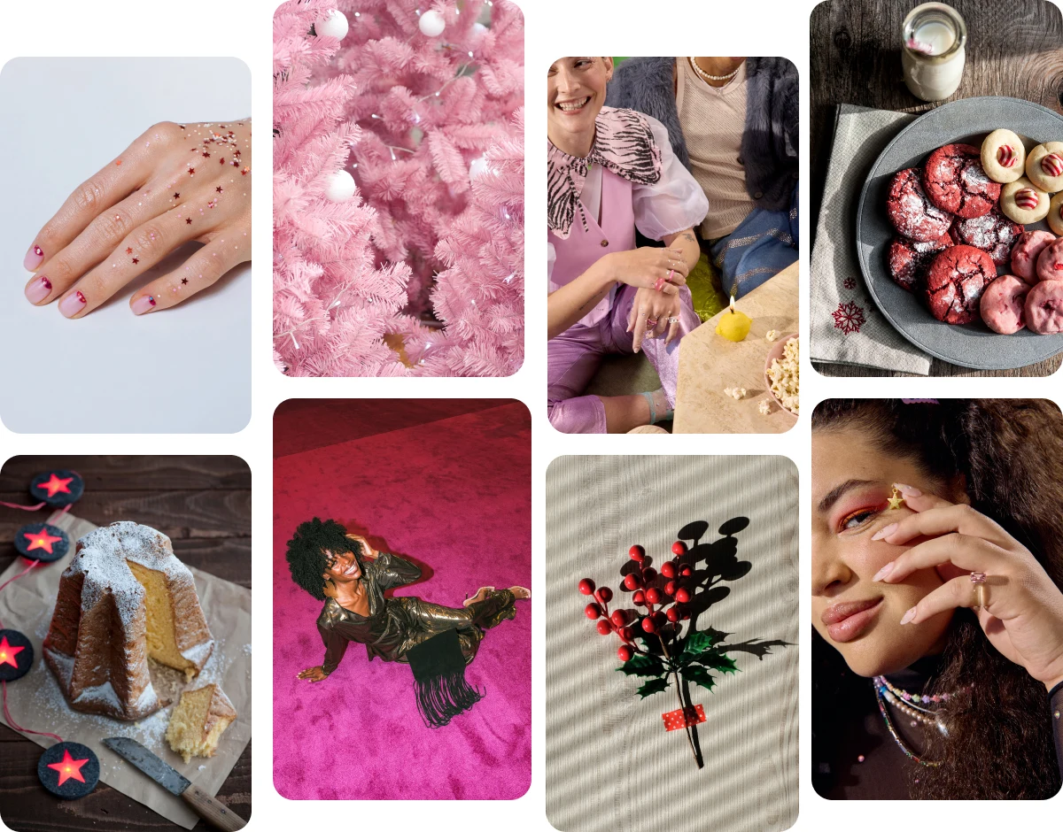 Grid of eight images including night out outfits, winter baking, winter nails, party hairstyles, edible gifts, movie night ideas, creative gift wrapping, winter aesthetic.