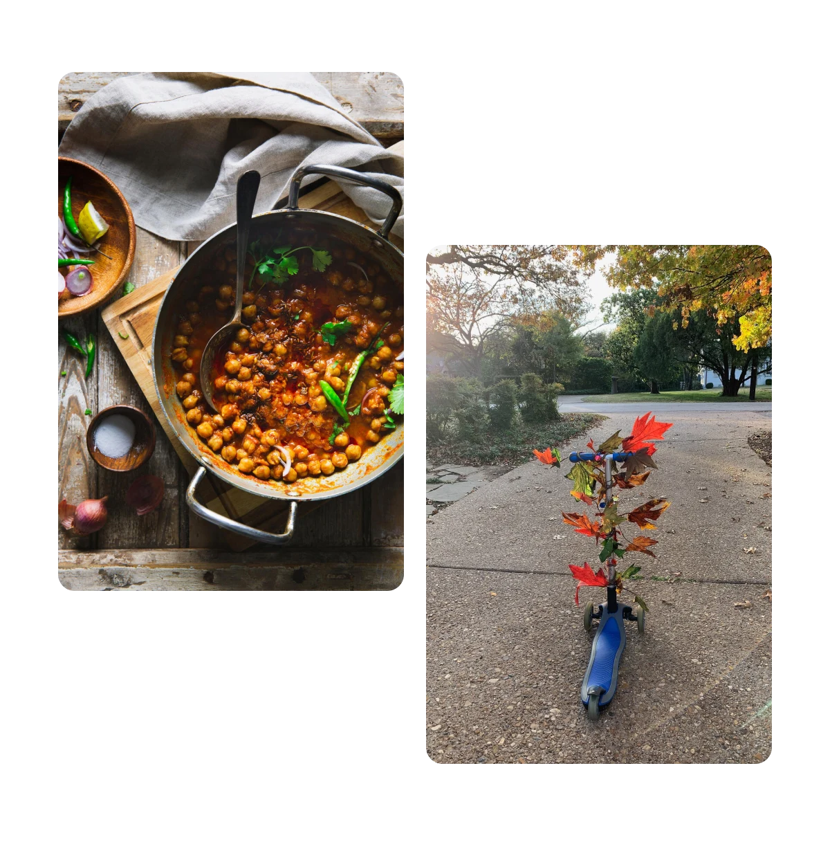Two pins, pot of chickpea stew, kid scooter with fall leaves