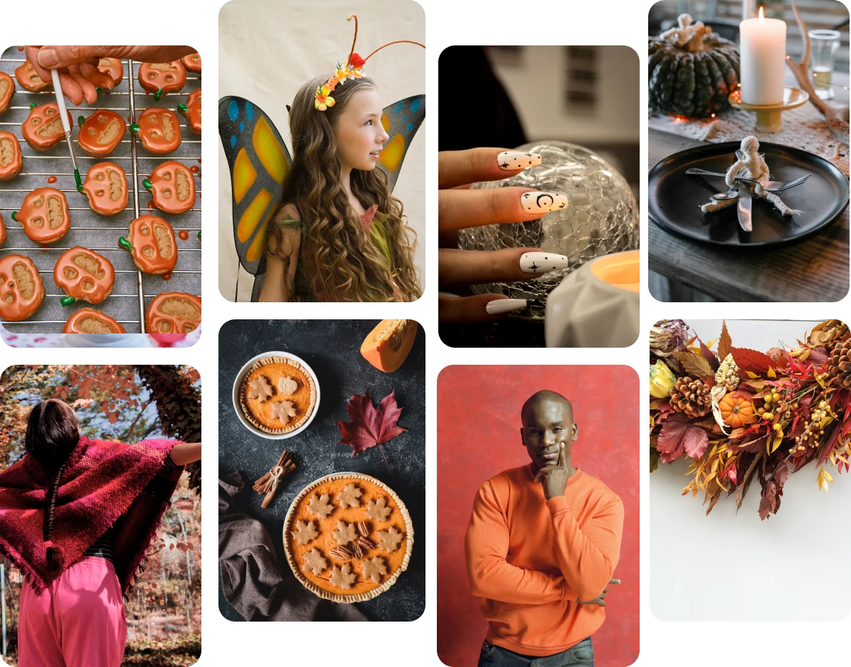 Grid of eight images including halloween baking, costumes, halloween nails, decor, autumn photo ideas, pie recipes, autumn outfits, diy autumn wreaths.