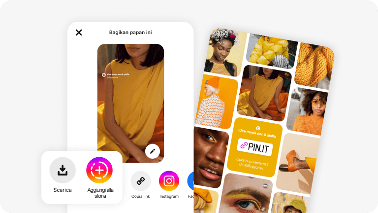 Schermata dell&#x27;app di Pinterest per la condivisione della bacheca. Mostra una donna con un vestito giallo e una serie di outfit gialli.