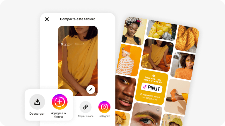 Pantalla de la aplicación de Pinterest de compartir tableros. Se muestra a una mujer que lleva un vestido amarillo y una cuadrícula de outfits amarillos.