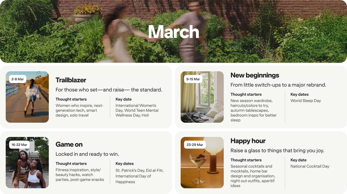 March planner view with four cards: Trailblazer, New beginnings, Game on and Happy hour, each dated and paired with photos.