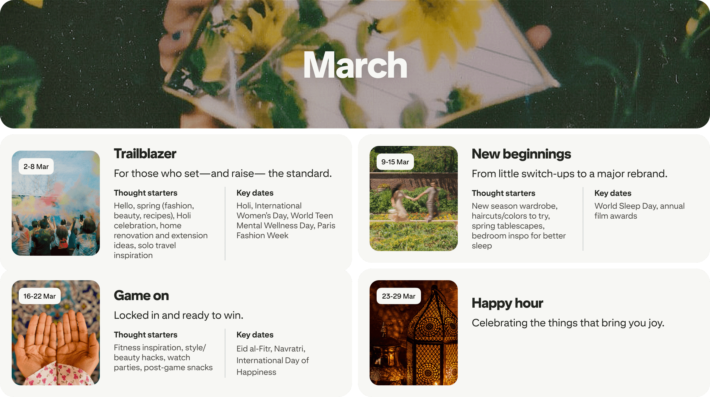 March planner view with four cards: Trailblazer, New beginnings, Game on and Happy hour, each dated and paired with photos.