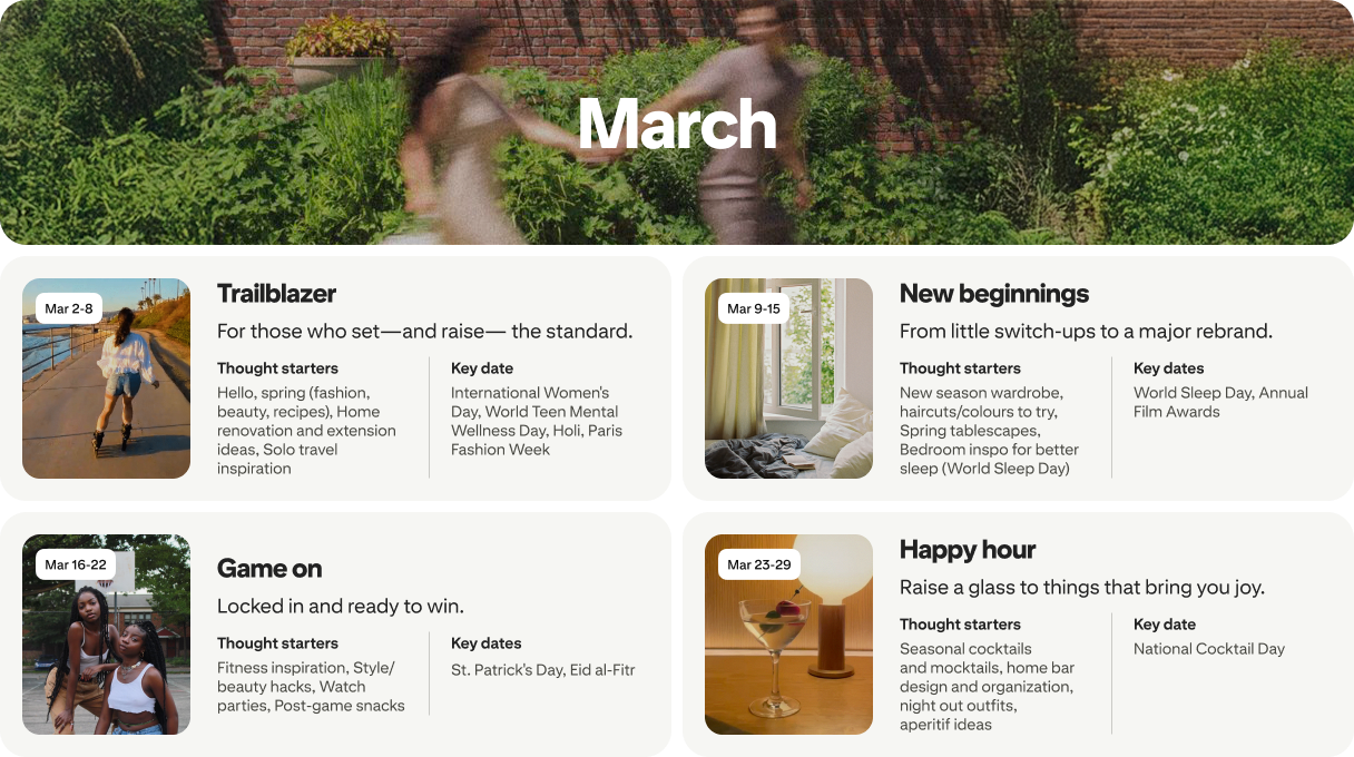 March planner view with four cards: Trailblazer, New beginnings, Game on and Happy hour, each dated and paired with photos.