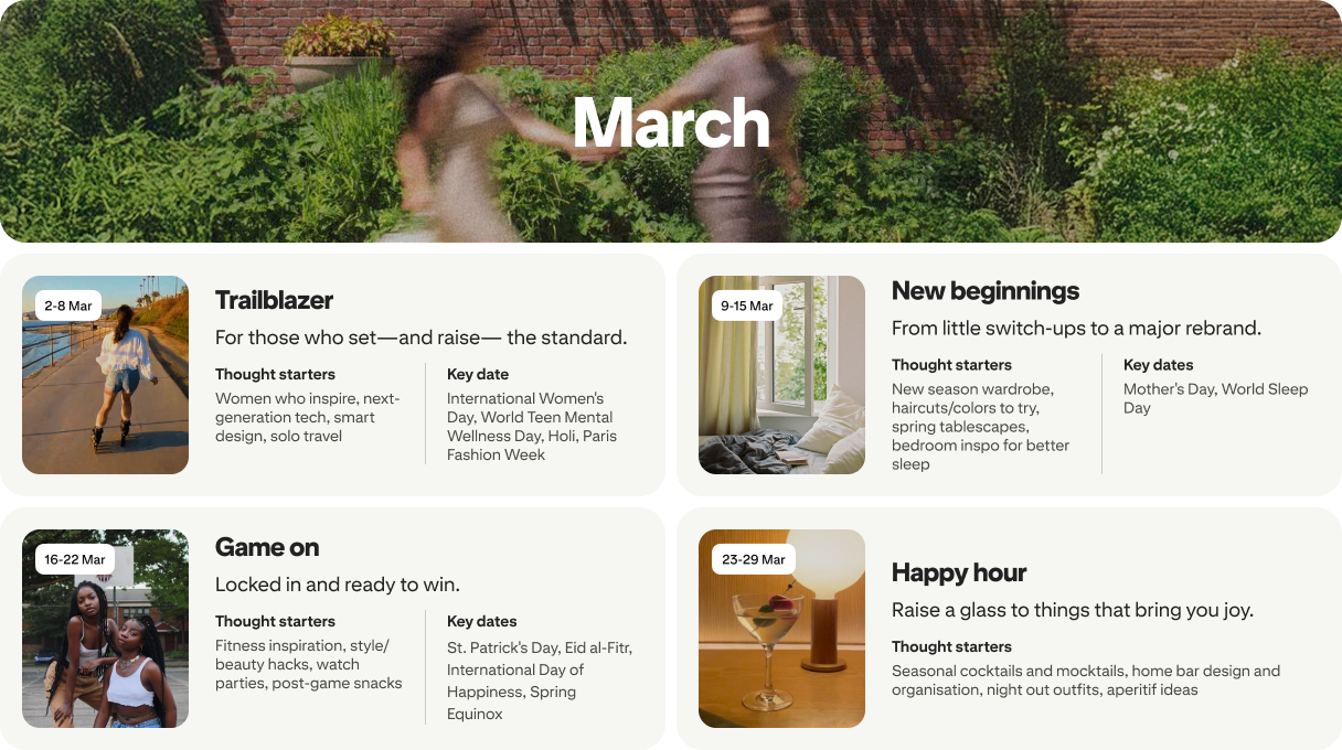 March planner view with four cards: Trailblazer, New beginnings, Game on and Happy hour, each dated and paired with photos.