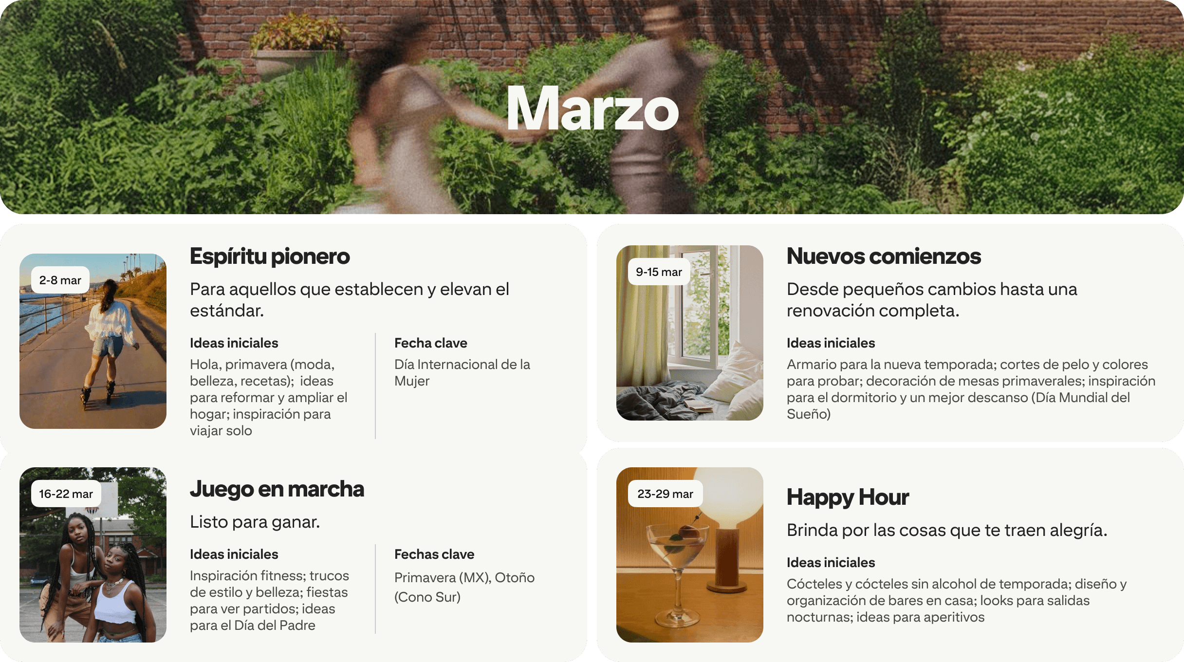 March planner view with four cards: Trailblazer, New beginnings, Game on and Happy hour, each dated and paired with photos.