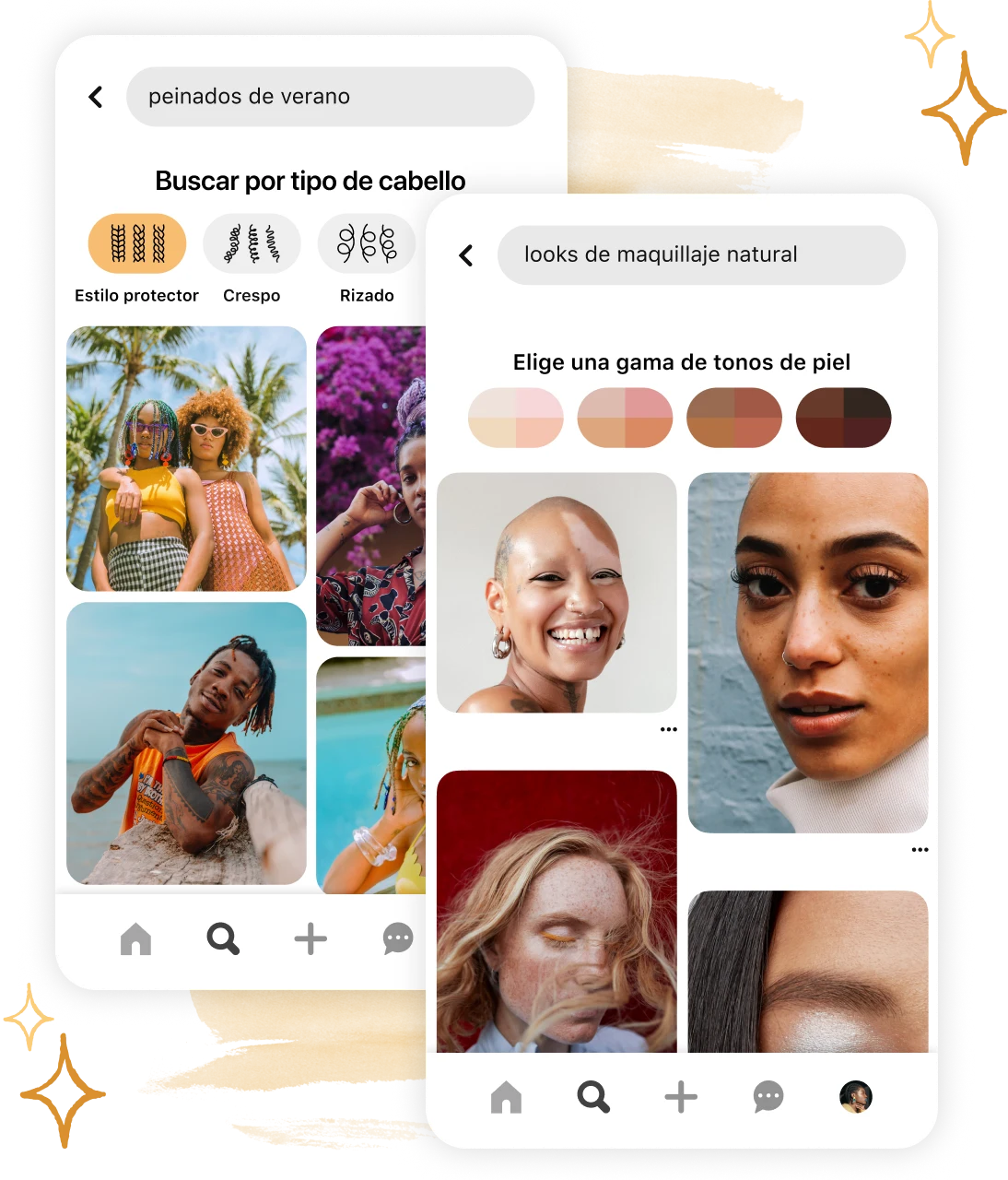 Pinterest app UI showing new search refinement tools for hair pattern and skin tone.