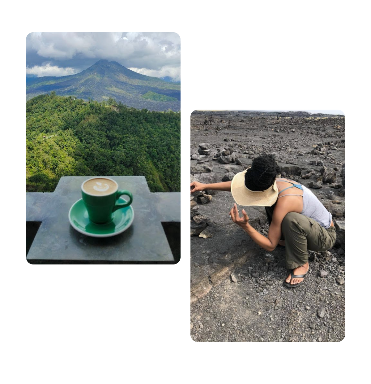 Two pins, copy on ledge looking out toward mountain, woman kneeling down on beach