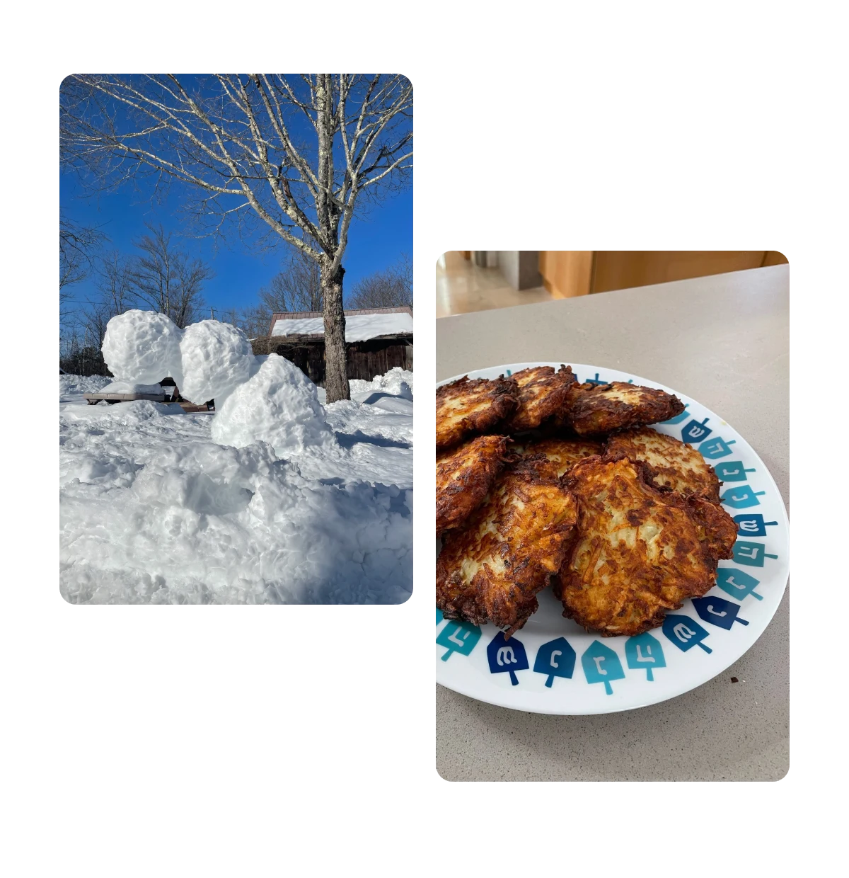 Two pins, melting snowman, plate of potato latkes