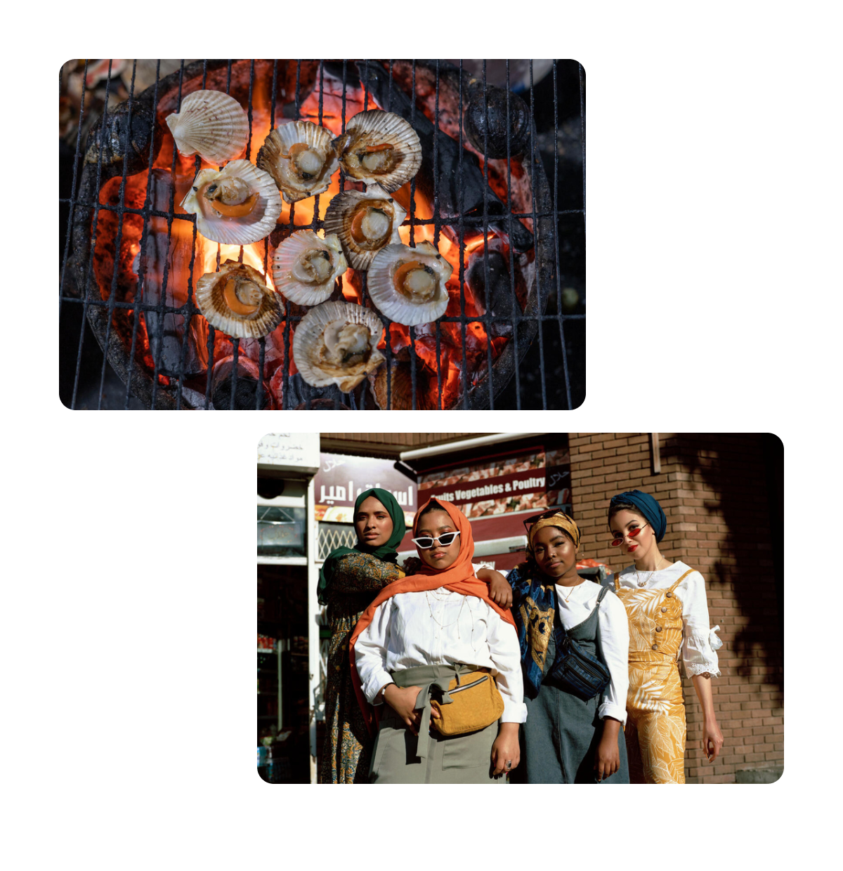 Two pins, bbq scallops, four fashionable friends posing 