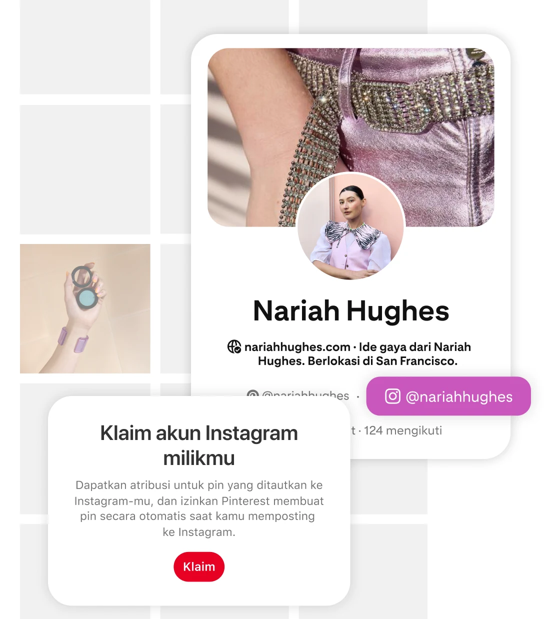 Pinterest Instagram account claiming feature and the Pinterest profile for user Nariah Hughes