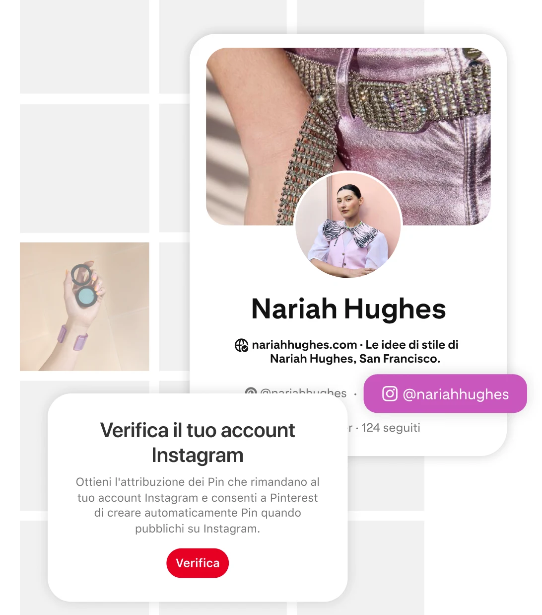 Pinterest Instagram account claiming feature and the Pinterest profile for user Nariah Hughes