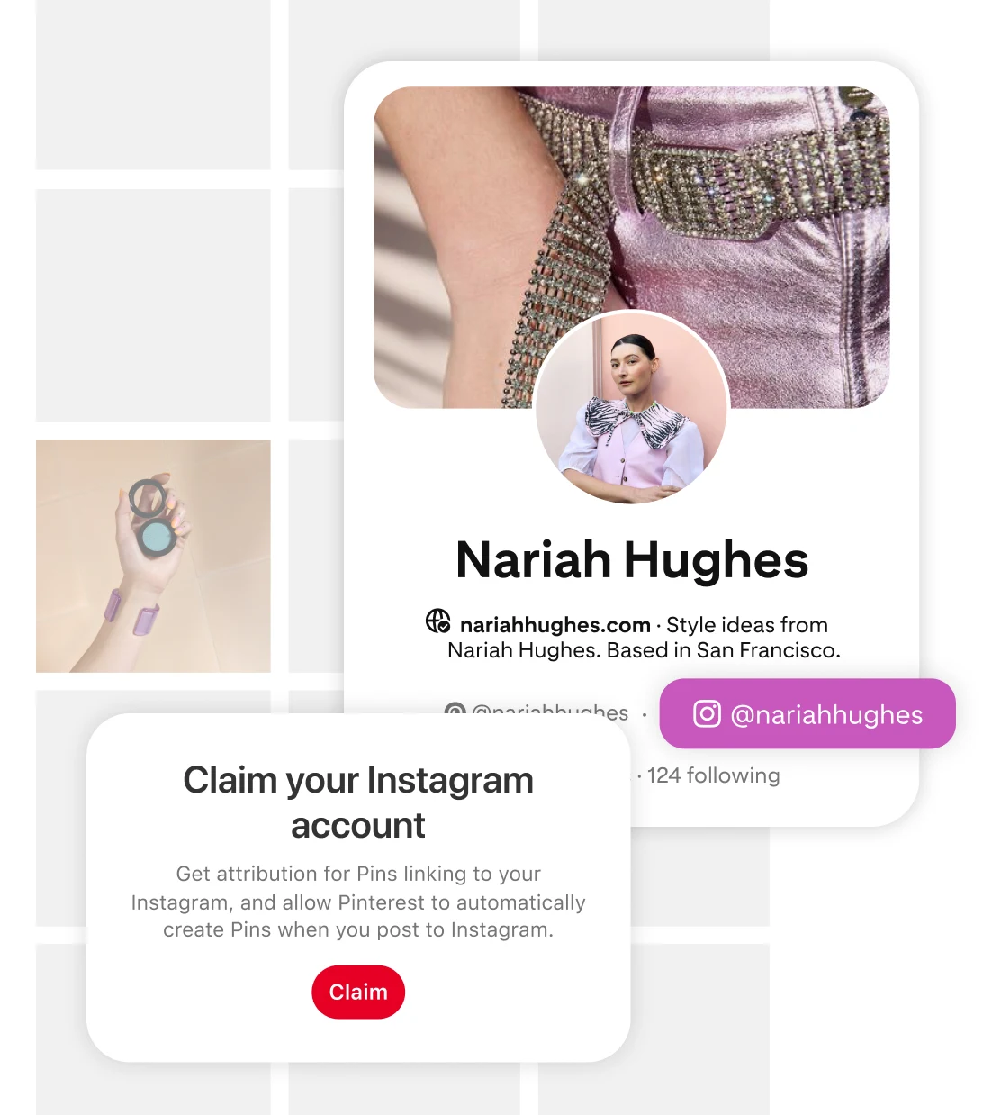 Pinterest Instagram account claiming feature and the Pinterest profile for user Nariah Hughes