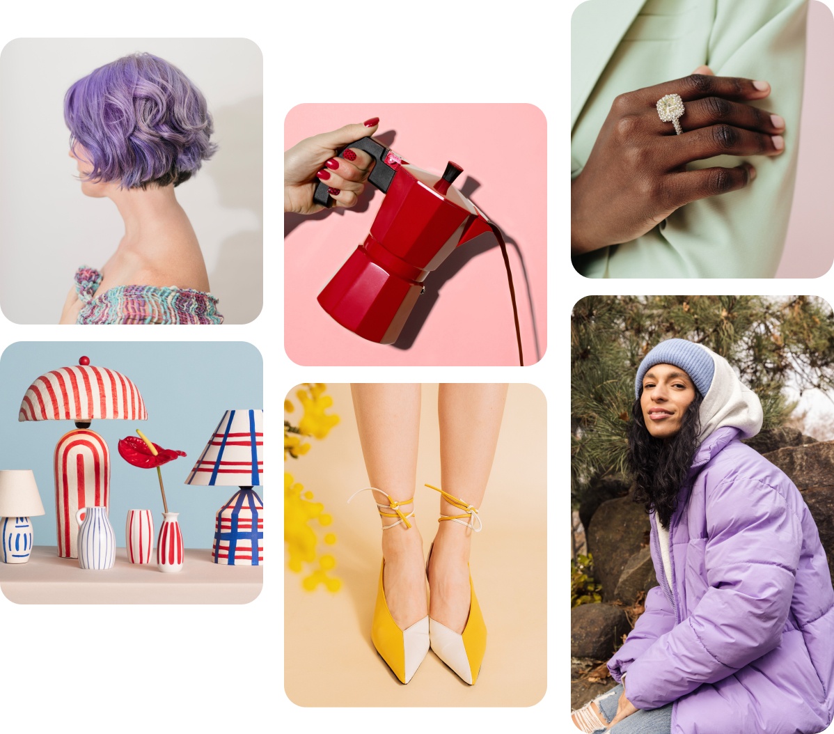 Grid of 6 Pins featuring purple hair, hand painted lamps, a red teapot, yellow shoes, a man's hand with a diamond ring and a woman wearing a purple puffy jacket.
