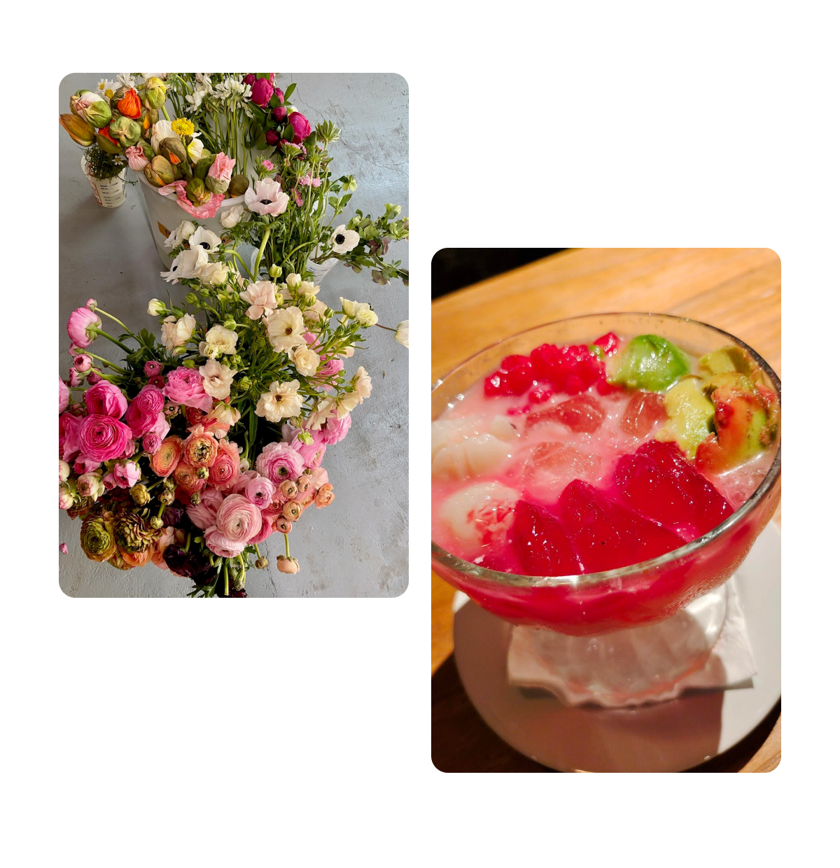 Two pins, floral arrangement, healthy dish of food