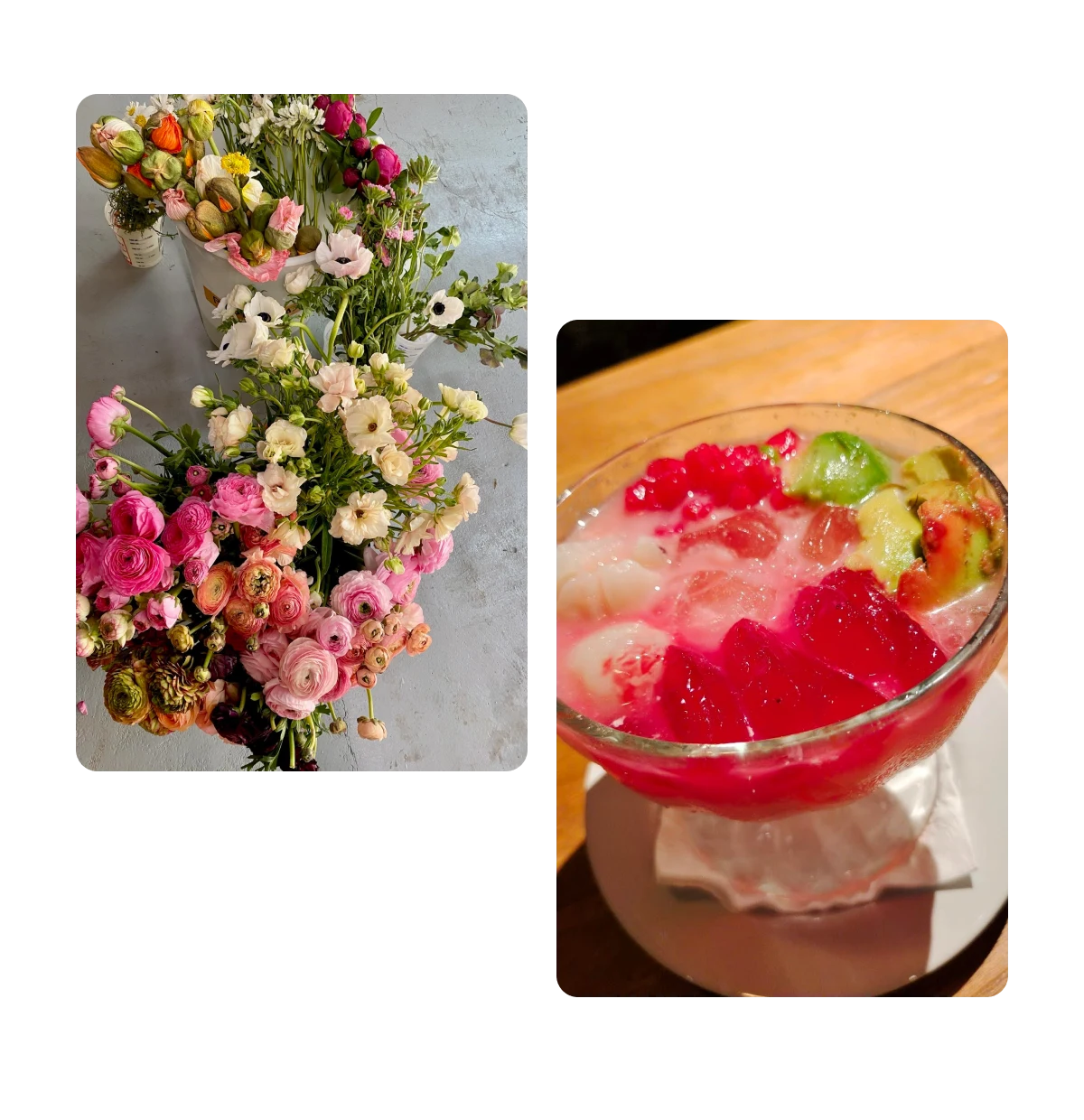 Two pins, floral arrangement, healthy dish of food