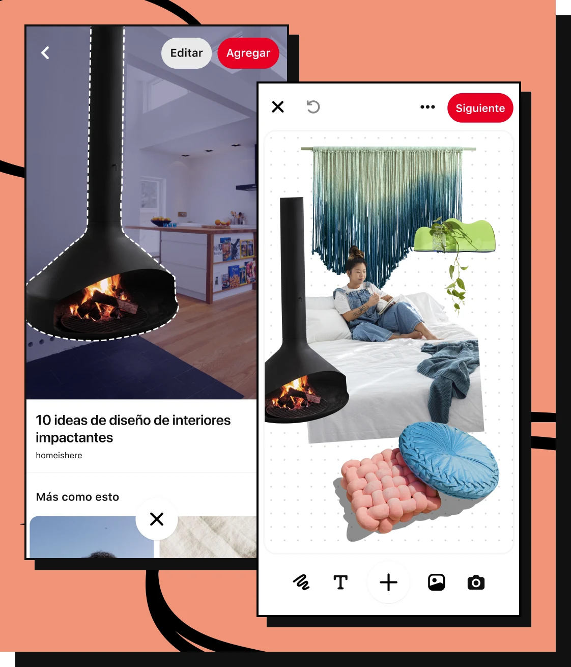 Una imagen de pantallas de teléfono una al lado de la otra de un Pin en el que se muestra el interior de una casa y líneas punteadas recortadas alrededor de una chimenea negra. La función de collage muestra el recorte de la chimenea junto a una mujer sobre una cama, un tapiz y almohadones.