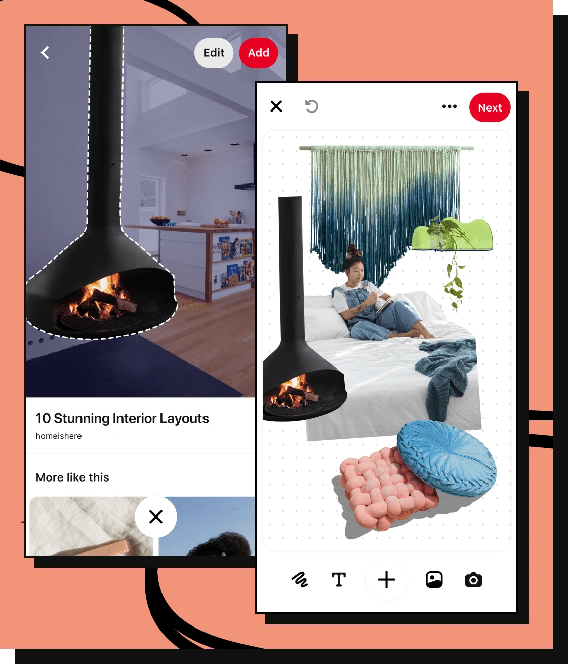 Side-by-side phone screens of a Pin displaying a home interior and dotted cut-out lines around a black fireplace; and the collage feature showing the fireplace cutout alongside with a woman on a bed, a wall hanging and throw pillows.