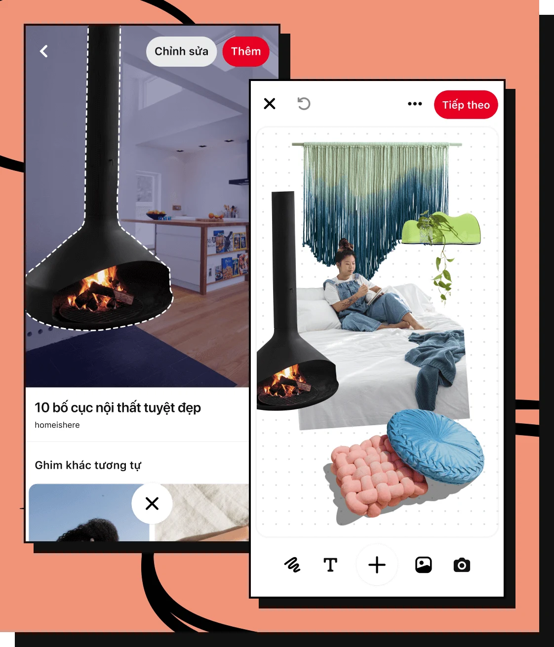Hai màn hình điện thoại đặt cạnh nhau có mục Ghim hiển thị nội thất ngôi nhà và các đường cắt chấm bi xung quanh lò sưởi màu đen; và tính năng ảnh ghép hiển thị hình cắt lò sưởi cùng với một người phụ nữ trên giường, đồ treo tường và gối tựa.
