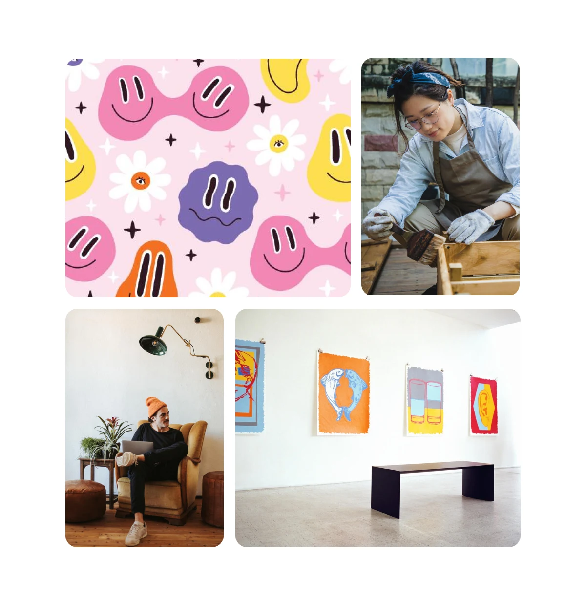 Four Pin grid. Psychedelic wallpapers. Woman painting wood. Man sitting with laptop. Museum with bright framed art.