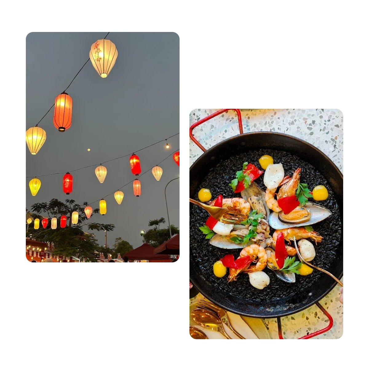 Two pins, decorative outdoor string of lanterns, wok filled with food