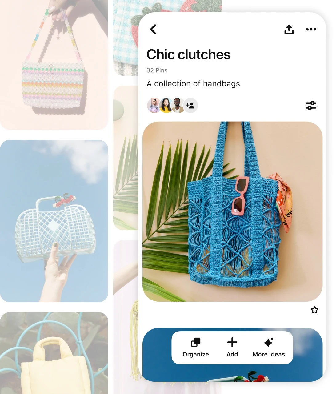 Pin grid including various purses with a featured Pin titled "Chic clutches"