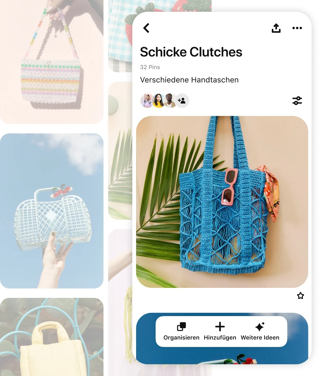 Pin grid including various purses with a featured Pin titled "Chic clutches"