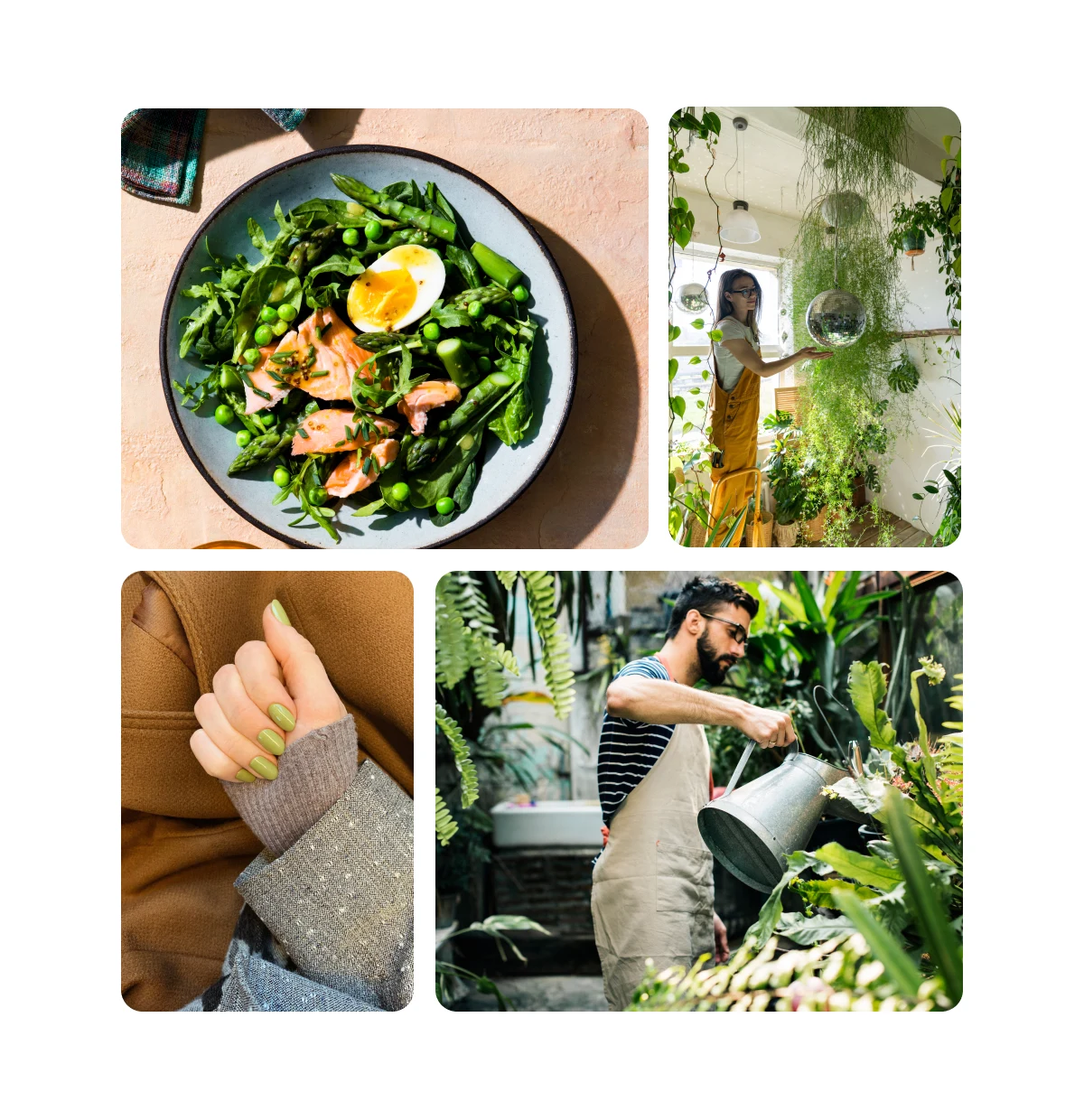 Grid of four images including salad recipes, earthy interiors, St Patrick's Day nails and small garden design.