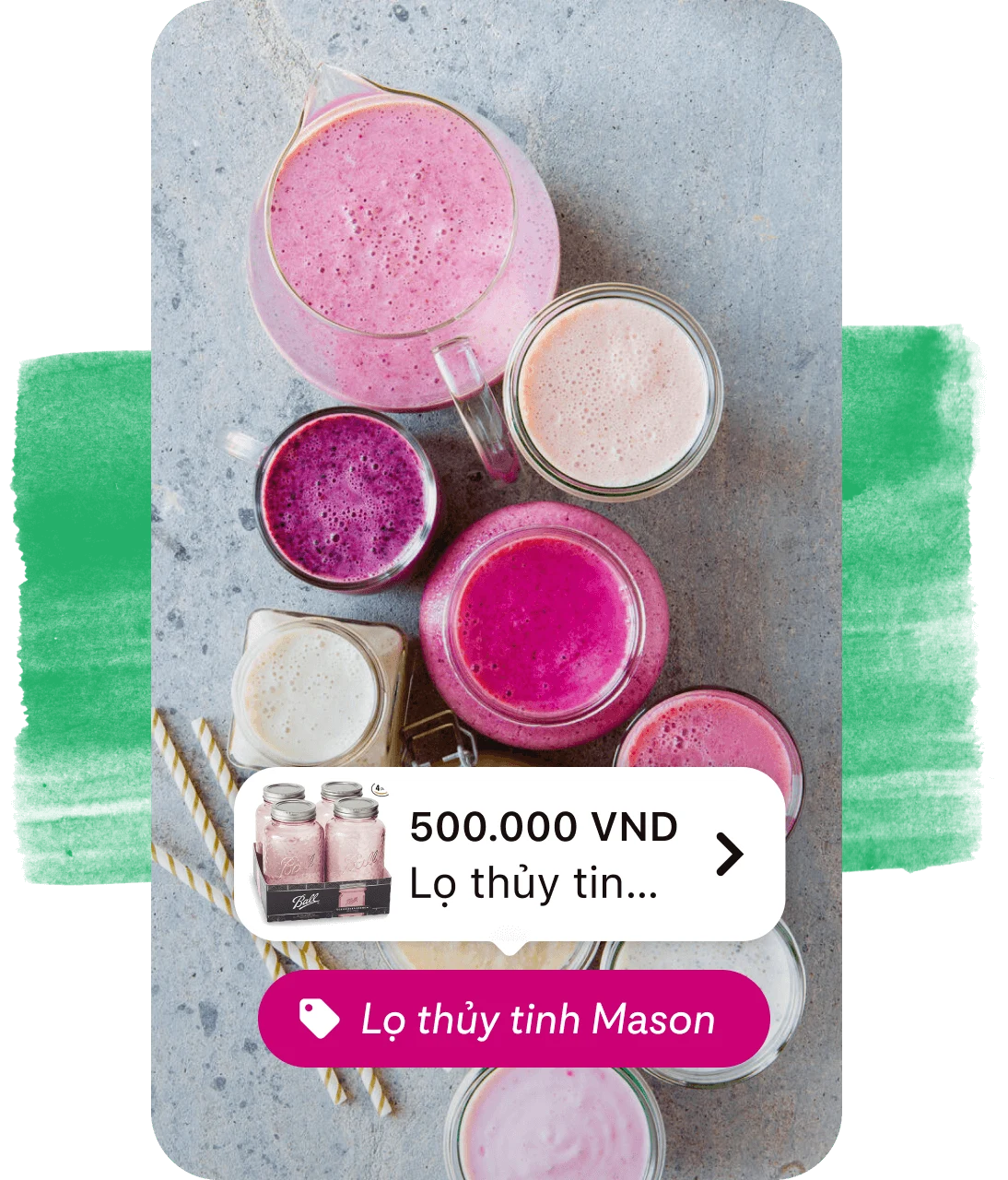 Thẻ mua sắm gắn trên lọ thủy tinh, chồng lên ghim về ly nước trái cây