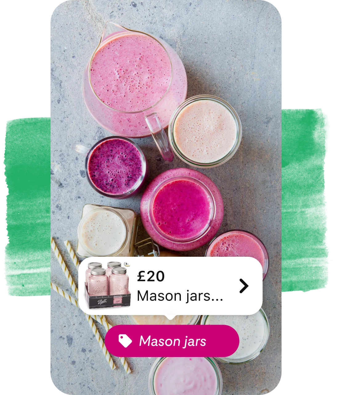Shopping tag for mason jars overlaid on Pin of juice in glasses