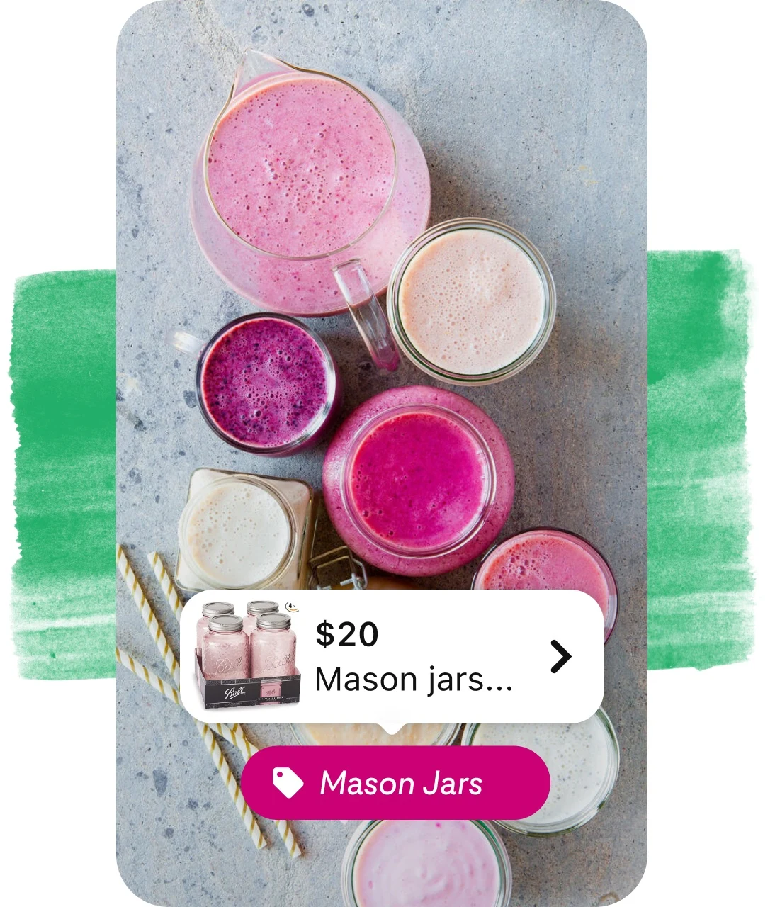 Shopping tag for mason jars overlaid on pin of juice in glasses