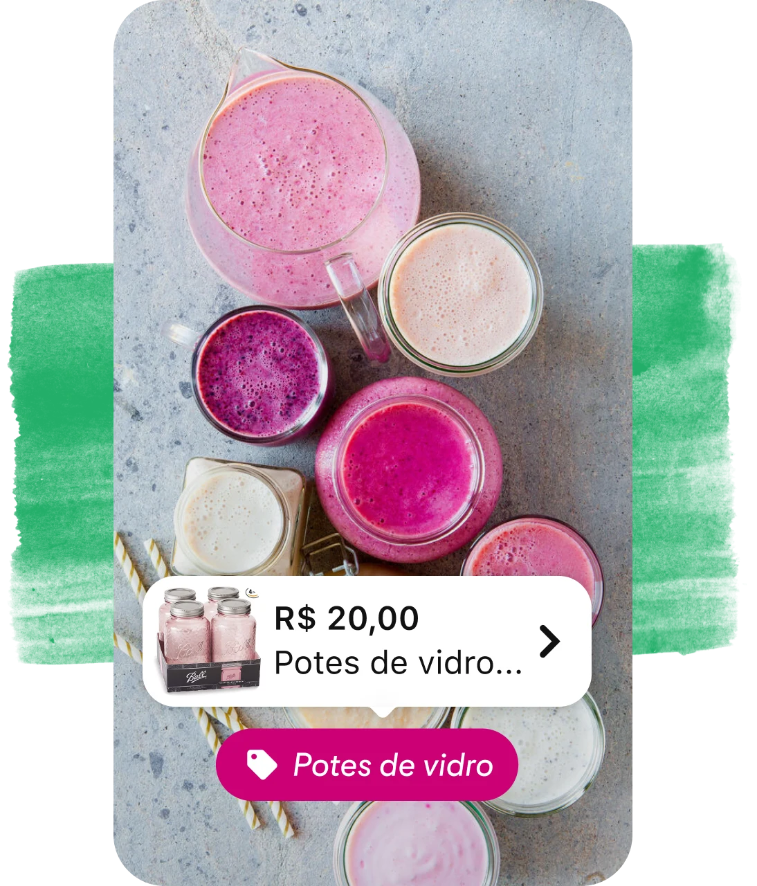 Tag para compra de potes de vidro sobreposta no Pin de copos de suco