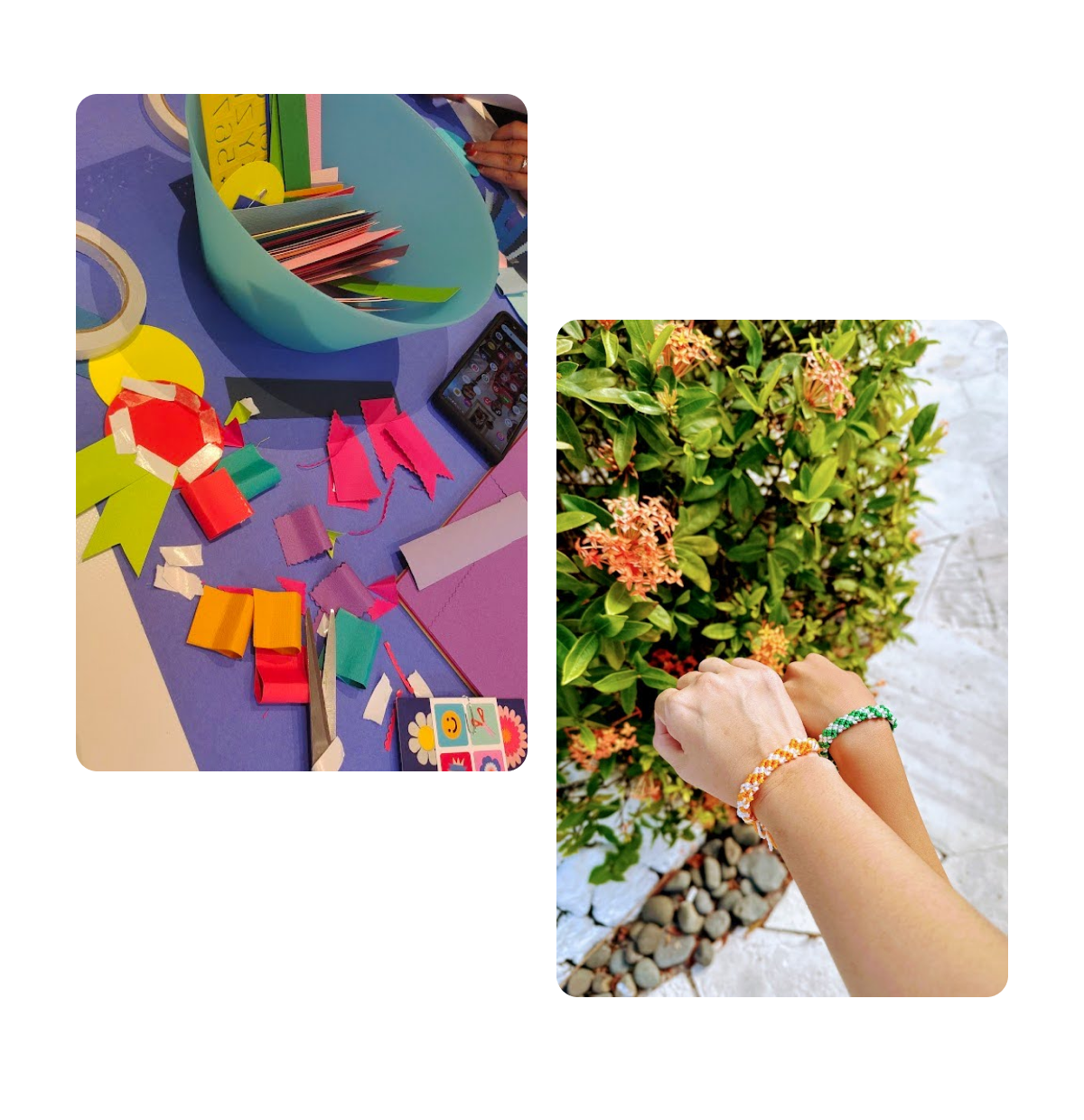 Two pins, collage materials on tables, hands making floral arrangement