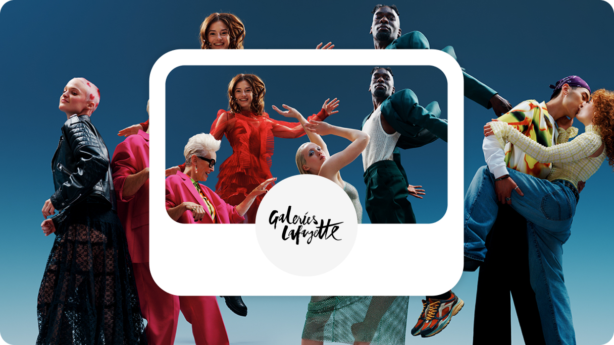 La imagen de perfil de Galeries Lafayette, con el nombre de la empresa sobre un fondo blanco, superpuesta sobre la imagen de portada del minorista, con un grupo de personas diverso que lleva ropa de lujo, sobre un fondo azul degradado.