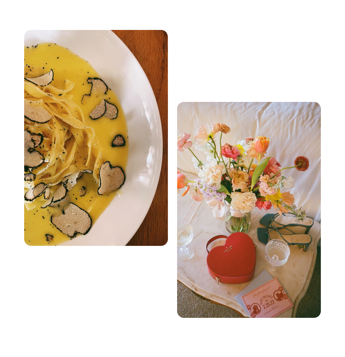 Two pins, truffle pasta dish, valentine's day gifts