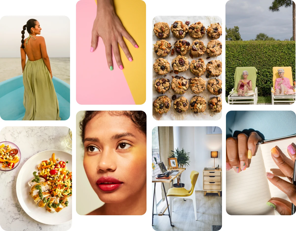 Grid of eight images including euro holiday outfits, beach nails, study snacks, cute friend photos, healthy dinner ideas, 10-minute makeup, small desk setup, bullet journal ideas.