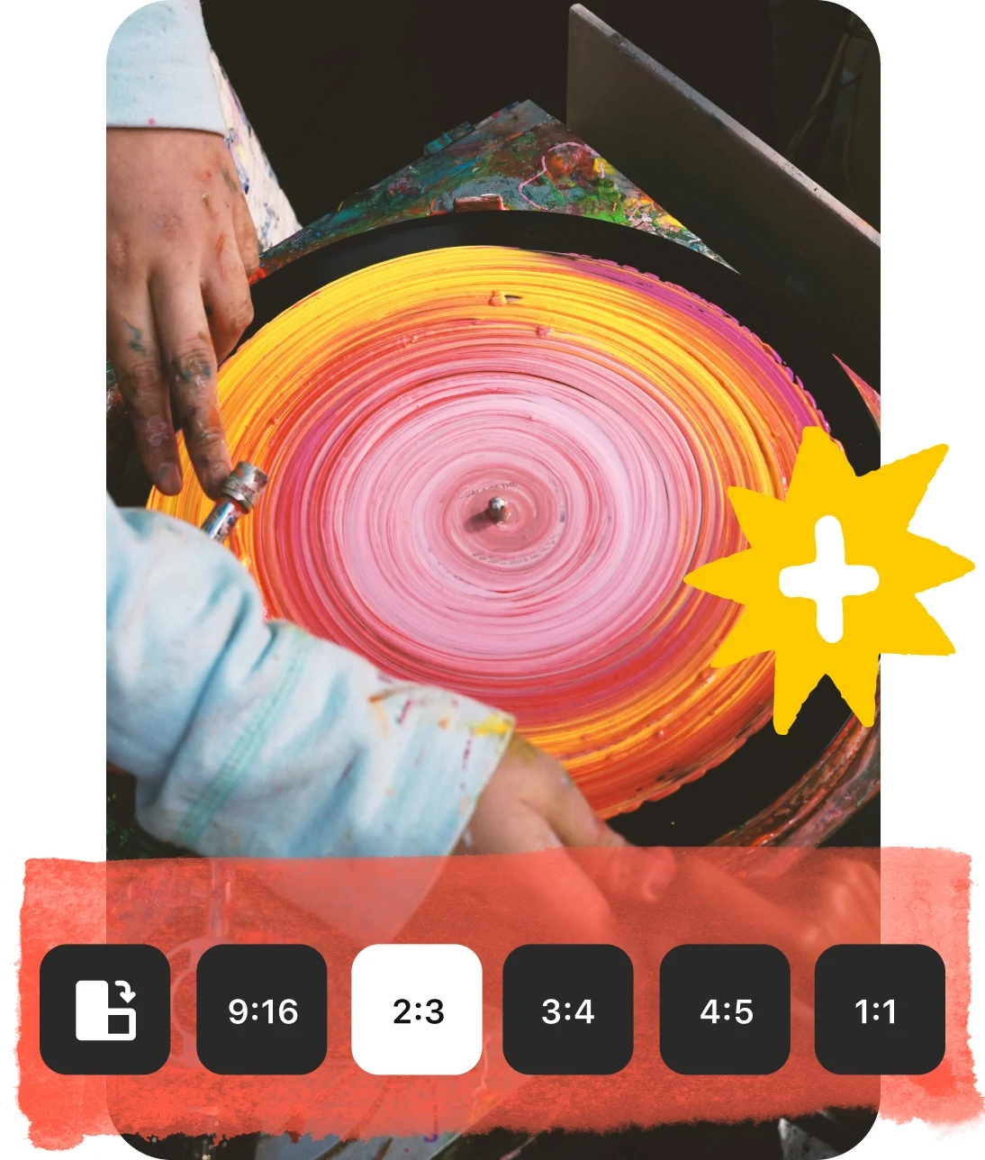 Collage of Pin sizes icons and an image of hands spinning a painted record