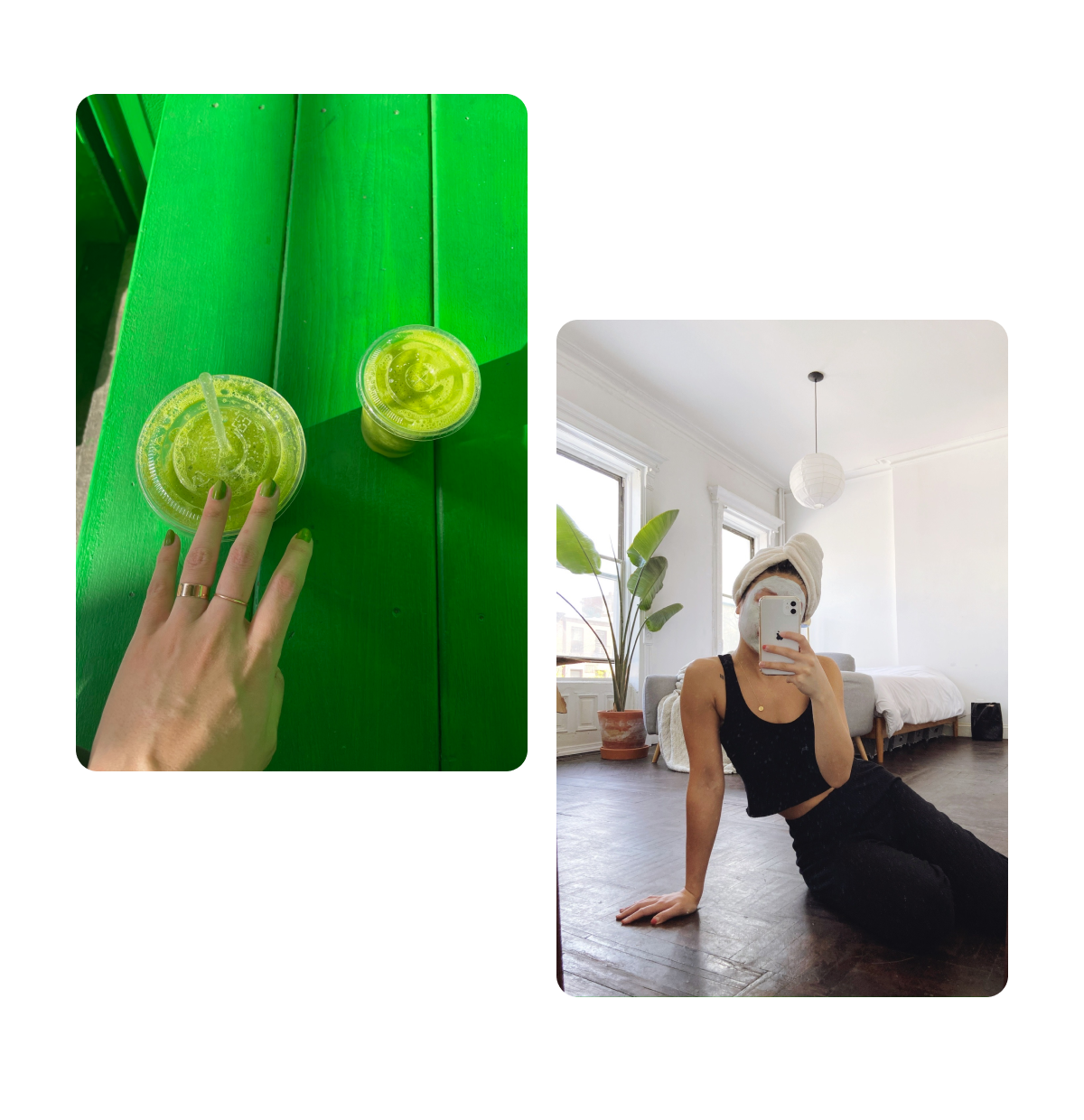 2 pins, green smoothie and nails, woman in face mask