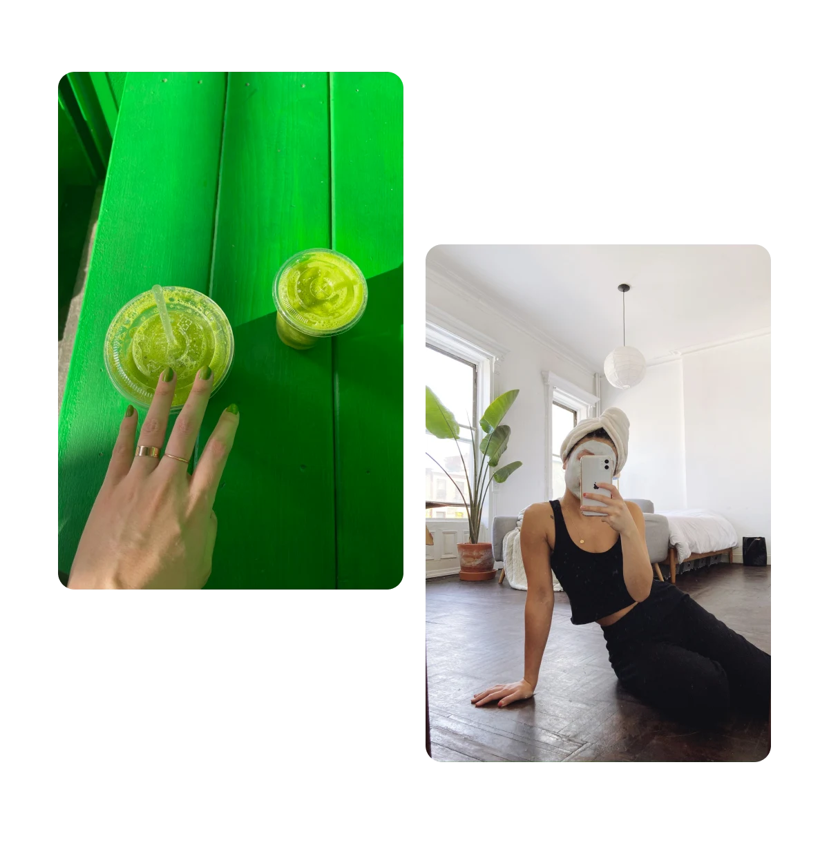 Dois Pins, suco verde, mulher com máscara facial de skincare