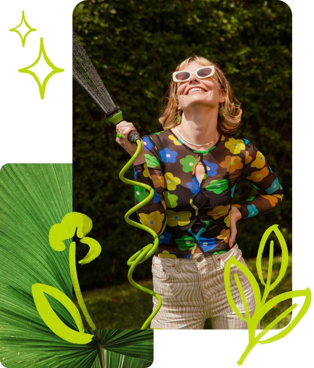 Collage di Pin raffigurante una donna sorridente con occhiali da sole e una camicia colorata che tiene in mano una canna dell'acqua da giardino