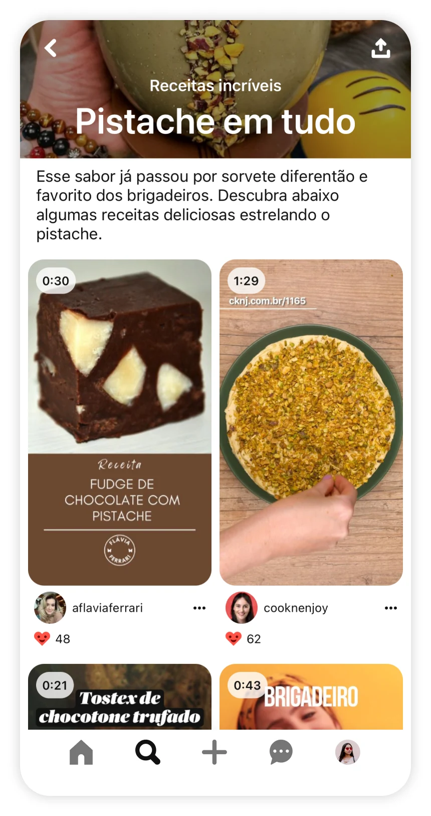 Captura de tela do aplicativo Pinterest mostrando artigos populares de Receitas com pistache