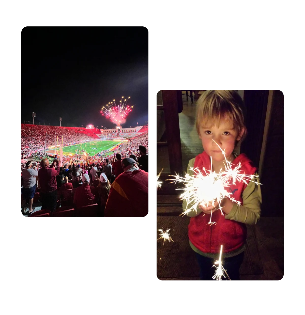Dois Pins, jogo de futebol americano com fogos de artifício, criança segurando velas de estrelinha