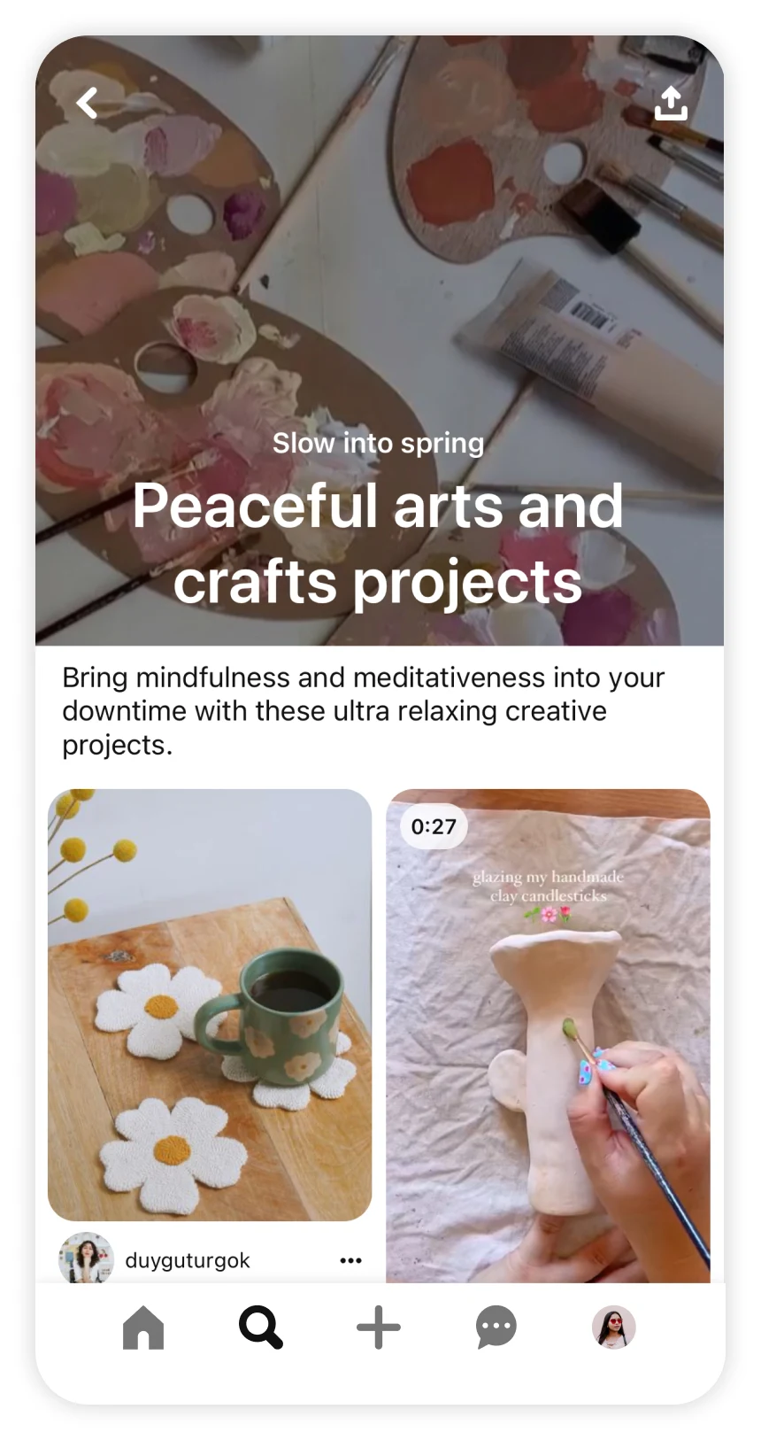 Screen shot of Pinterest app showing trend article for mindful arts and crafts