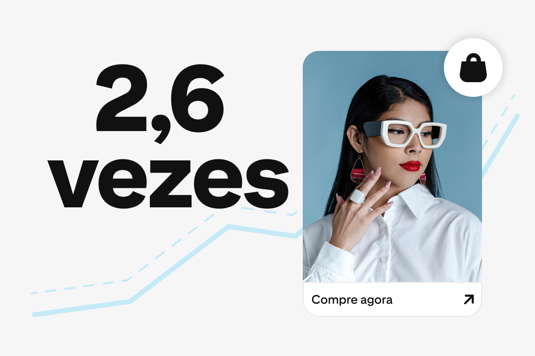 O texto "2,6x" em negrito é mostrado ao lado da foto de uma jovem com óculos brancos grandes e joias estilosas. Abaixo da imagem, há um botão "Comprar agora" com um gráfico de linhas azul-claro ao fundo sugerindo um crescimento ascendente.