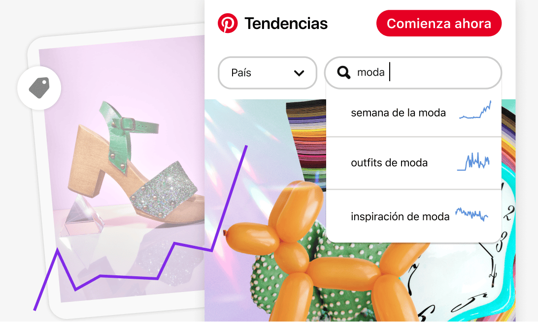 Pantalla de móvil de la interfaz de Pinterest Trends con una barra de búsqueda de “moda” y tendencias relacionadas, superpuesta sobre un Pin de imagen de un zapato con plataforma. Una línea de gráfico fluctuante indica el interés a lo largo del tiempo.
